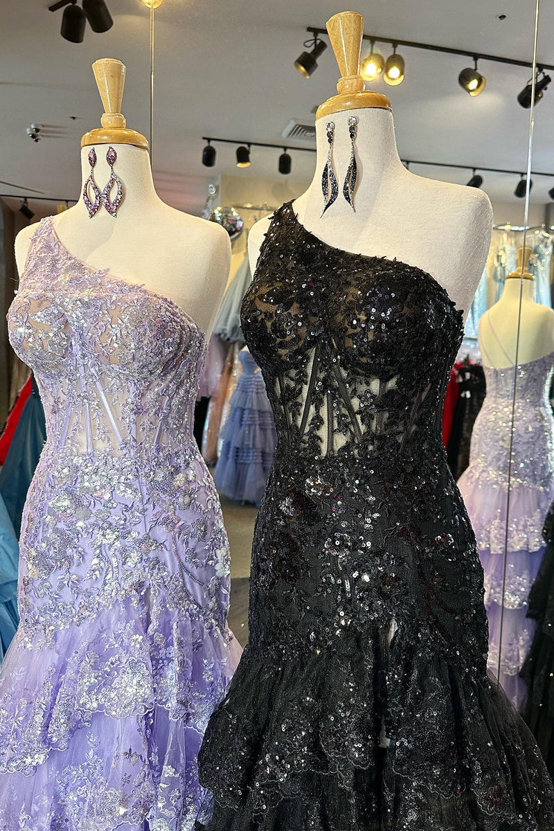 Load image into Gallery viewer, Sparkly Black One Shoulder Tiered Lace Long Prom Dress with Slit