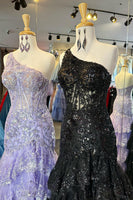 Load image into Gallery viewer, Sparkly Lilac One Shoulder Tiered Lace Long Prom Dress with Slit