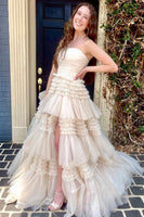 Load image into Gallery viewer, Glitter Beige Strapless Tulle Long Tiered Prom Dress with Slit