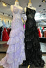 Load image into Gallery viewer, Sparkly Black One Shoulder Tiered Lace Long Prom Dress with Slit
