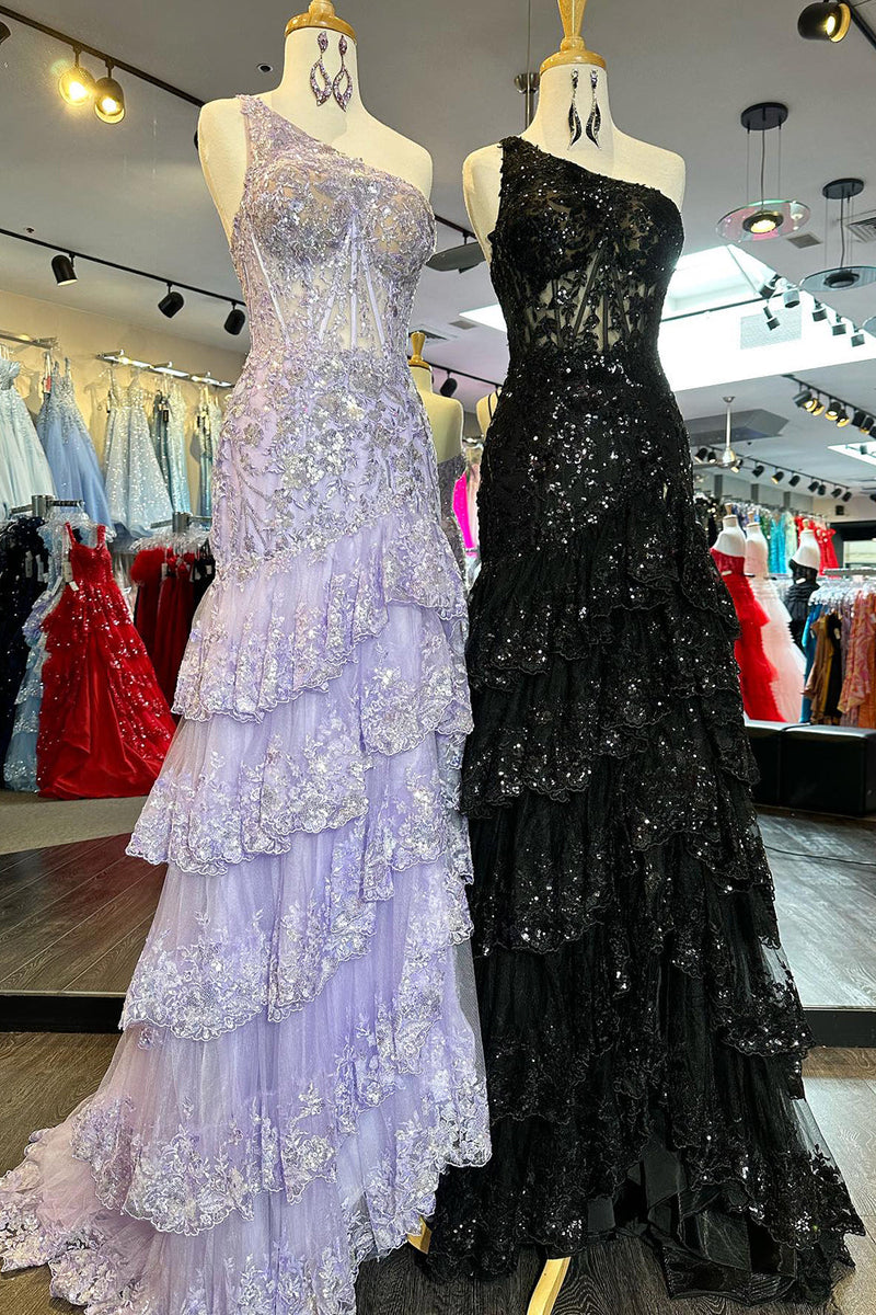 Load image into Gallery viewer, Sparkly Black One Shoulder Tiered Lace Long Prom Dress with Slit