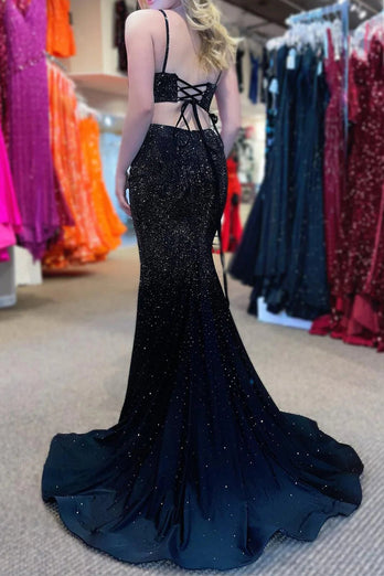 Mermaid Spaghettti Straps Black Sequins Long Prom Dress with Split Front