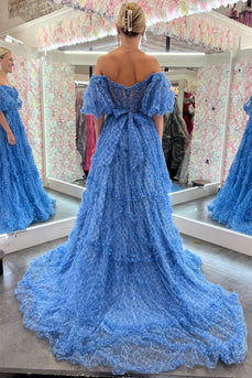 Blue A-Line Corset Long Tulle Floral Prom Dress with Ruffles