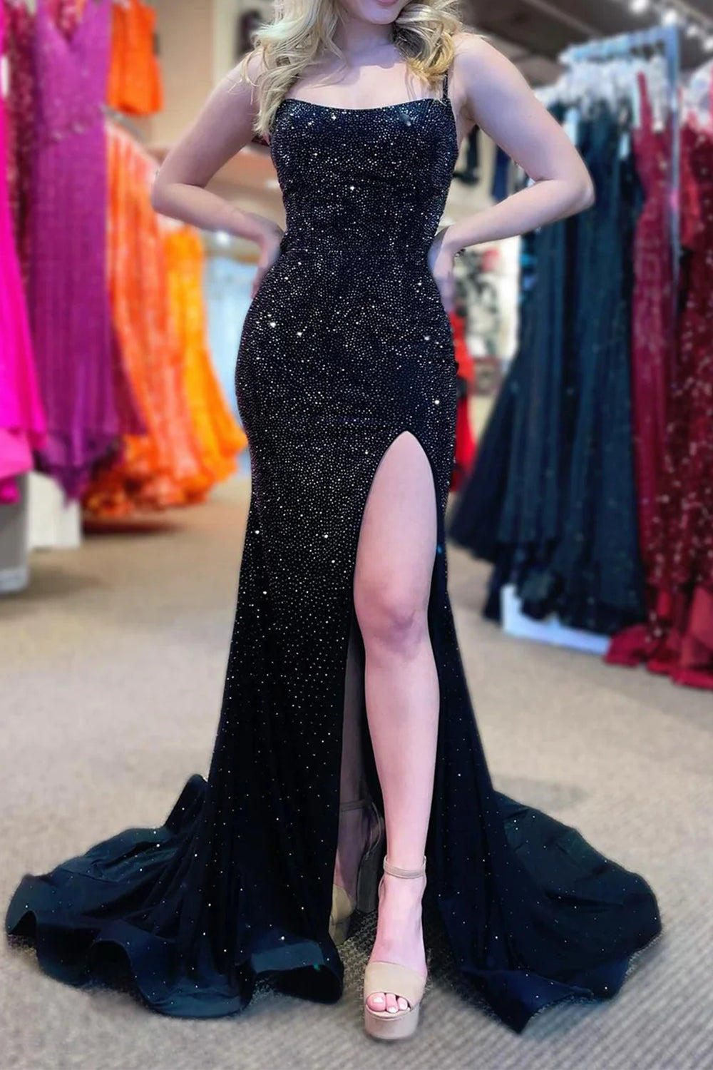 Mermaid Spaghettti Straps Black Sequins Long Prom Dress with Split Front