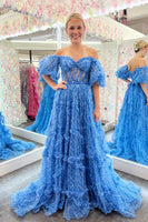 Load image into Gallery viewer, Blue A-Line Corset Long Tulle Floral Prom Dress with Ruffles