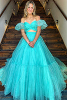 Load image into Gallery viewer, Light Green Two Piece Detachable Sleeves A-Line Long Prom Dress