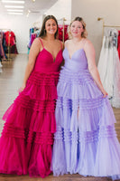 Load image into Gallery viewer, Fuchsia Tulle Spaghetti Straps Long Prom Dress