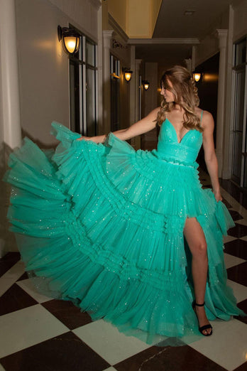 Beige Tulle Tiered Spaghetti Straps Long Prom Dress with Slit