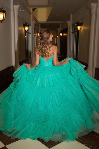 Beige Tulle Tiered Spaghetti Straps Long Prom Dress with Slit