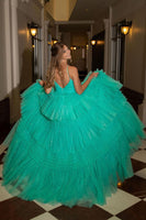 Load image into Gallery viewer, Beige Tulle Tiered Spaghetti Straps Long Prom Dress with Slit