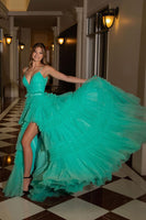 Load image into Gallery viewer, Beige Tulle Tiered Spaghetti Straps Long Prom Dress with Slit