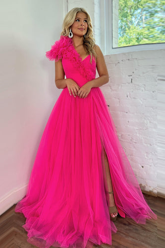 Fuchsia A-Line One Shoulder Long Tulle Prom Dress with Ruffles