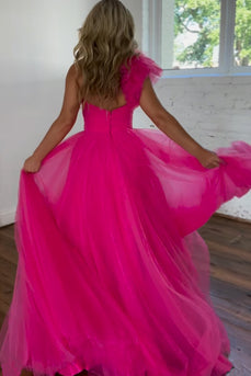 Fuchsia A-Line One Shoulder Long Tulle Prom Dress with Ruffles