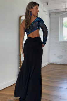 Sparkly Black Beaded One Shoulder Long Prom Dress with Slit