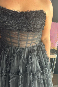 Black Corset A-Line Strapless Long Prom Dress with Ruffles