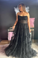 Load image into Gallery viewer, Black Corset A-Line Strapless Long Prom Dress with Ruffles