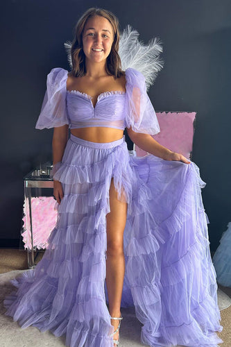 Lilac Two Piece Ruffled A-Line Long Prom Dress with Slit