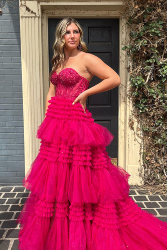 Sparkly Fuchsia Tulle Tiered Corset Long Prom Dress with Lace
