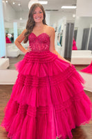 Load image into Gallery viewer, Glitter Fuchsia Tulle Tiered Corset Long Prom Dress with Lace