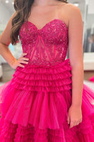Load image into Gallery viewer, Glitter Fuchsia Tulle Tiered Corset Long Prom Dress with Lace