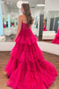 Load image into Gallery viewer, Glitter Fuchsia Tulle Tiered Corset Long Prom Dress with Lace