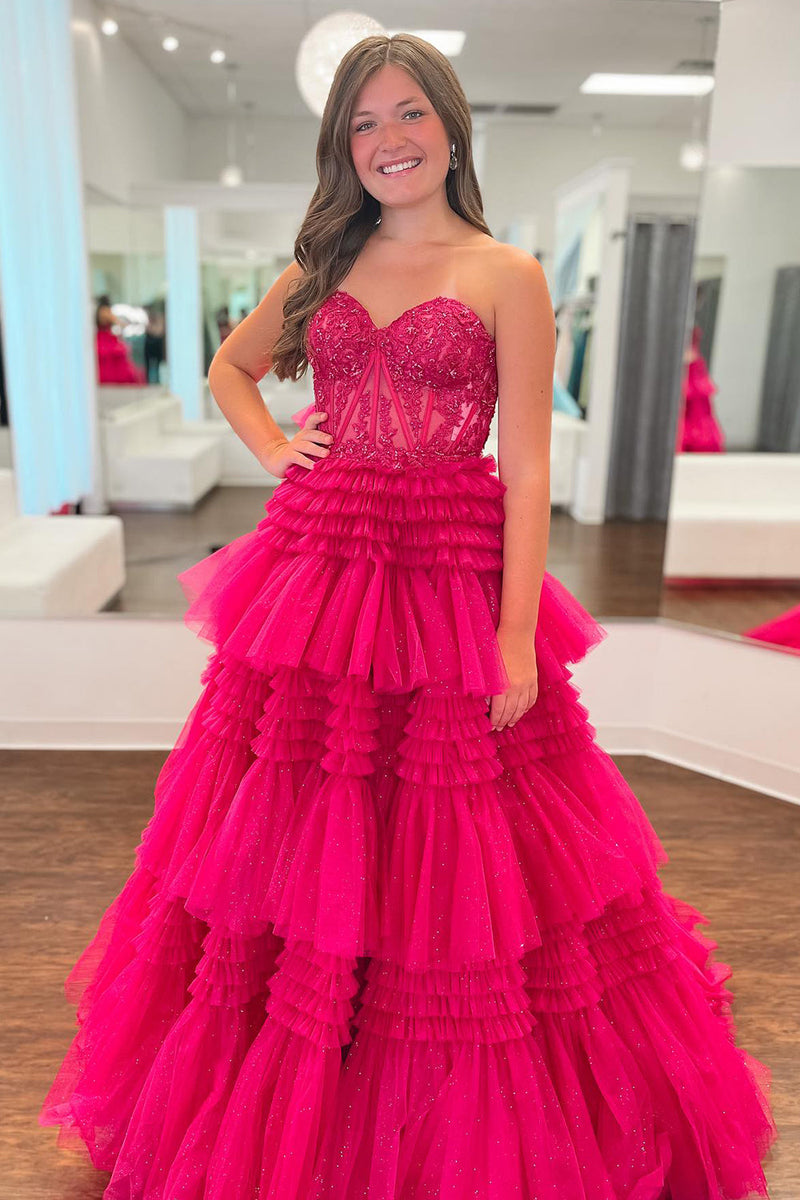 Load image into Gallery viewer, Glitter Fuchsia Tulle Tiered Corset Long Prom Dress with Lace