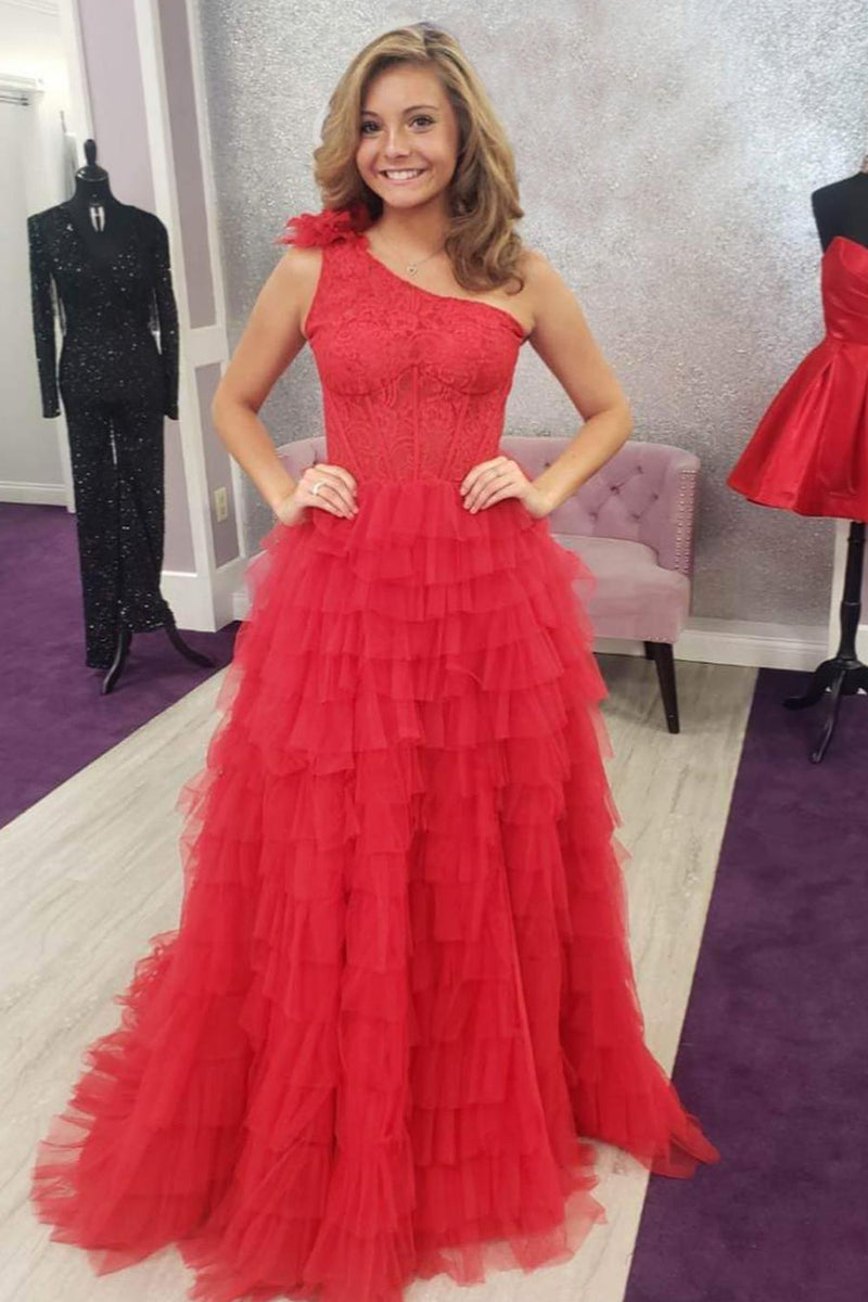 Load image into Gallery viewer, Black One Shoulder Corset Tiered Long Prom Dress with Ruffles