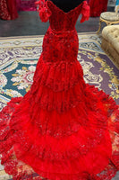 Load image into Gallery viewer, Red Off The Shoulder Tiered Prom Dress