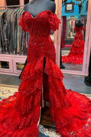Load image into Gallery viewer, Red Off The Shoulder Tiered Prom Dress