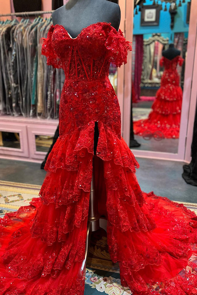 Load image into Gallery viewer, Red Off The Shoulder Tiered Prom Dress