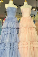 Load image into Gallery viewer, Glitter Beige Strapless Tulle Long Tiered Prom Dress with Slit