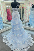 Load image into Gallery viewer, Sparkly Lilac One Shoulder Tiered Lace Long Prom Dress with Slit