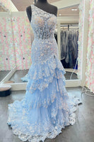 Load image into Gallery viewer, Sparkly Lilac One Shoulder Tiered Lace Long Prom Dress with Slit