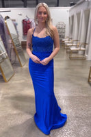 Load image into Gallery viewer, Glitter Royal Blue Beaded Long Mermaid Prom Dress with Appliques