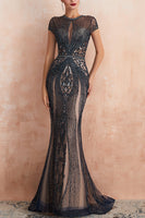 Load image into Gallery viewer, Luxurious Mermaid Sparkly Jewel Neck Champagne Prom Dress with Beading
