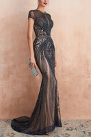 Load image into Gallery viewer, Luxurious Mermaid Sparkly Jewel Neck Champagne Prom Dress with Beading