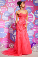 Load image into Gallery viewer, Coral Mermaid Backless Long Prom Dress with Appliques