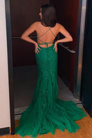 Load image into Gallery viewer, Mint Spaghetti Straps Appliques Mermaid Long Prom Dress
