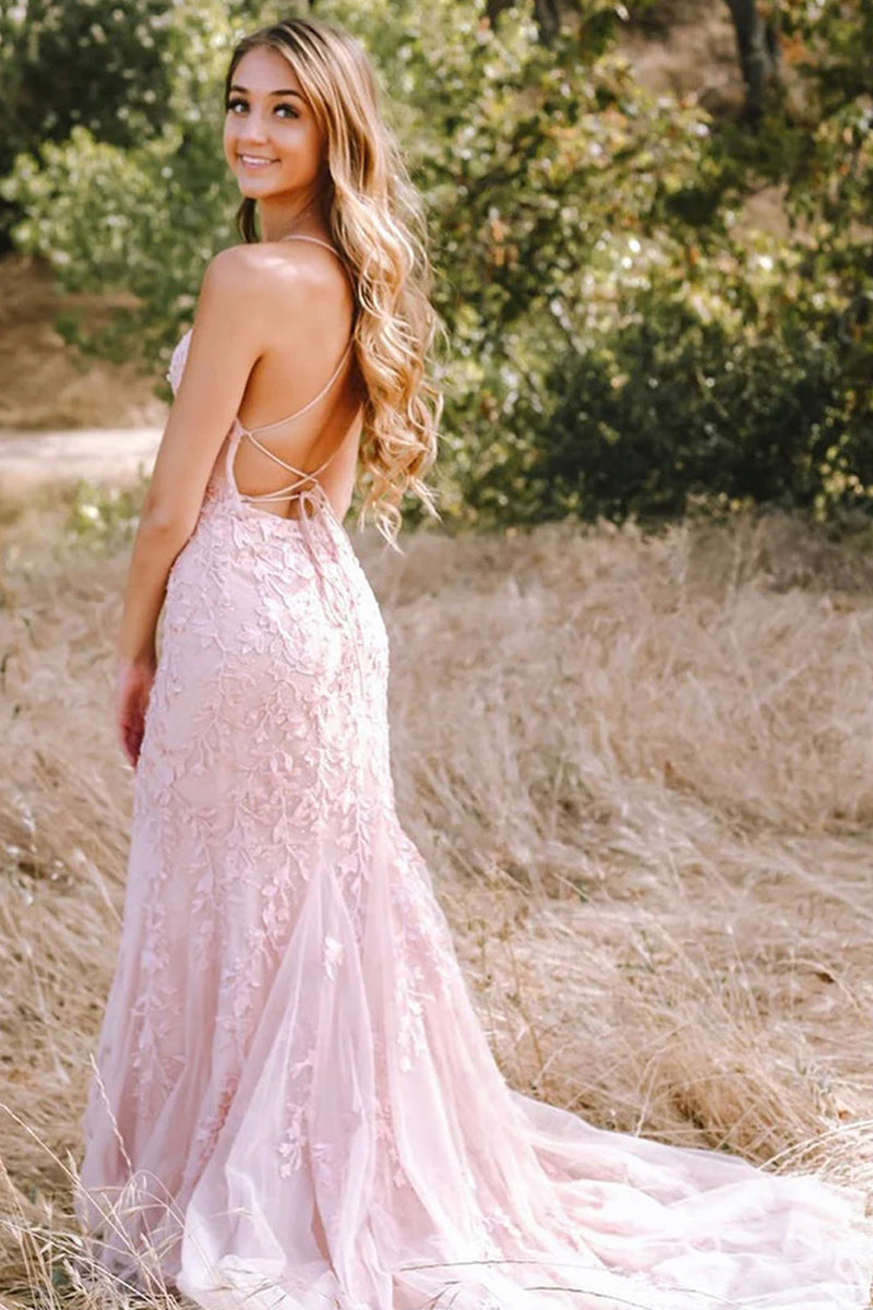 Load image into Gallery viewer, Mint Spaghetti Straps Appliques Mermaid Long Prom Dress