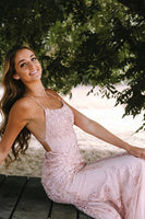 Load image into Gallery viewer, Blue Mermaid Tulle Backless Long Prom Dress with Lace