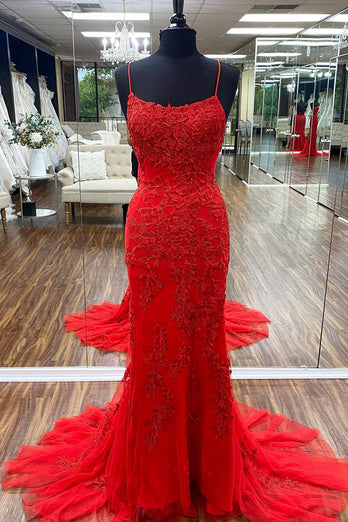 Mint Spaghetti Straps Appliques Mermaid Long Prom Dress