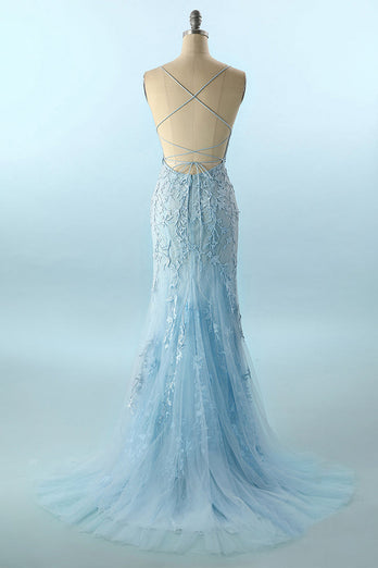Mermaid Blue Long Prom Dress Backless Evening Dress