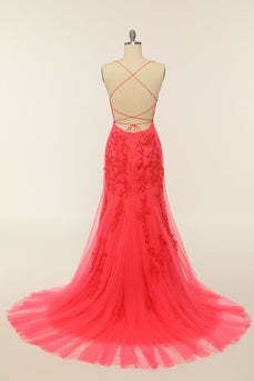 Coral Backless Long Prom Dress with Appliques