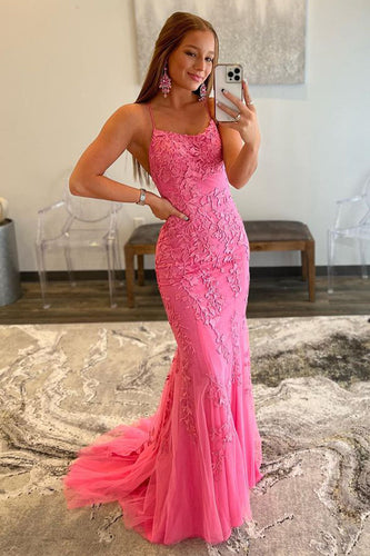 Fuchsia Mermaid Spaghetti Straps Appliques Prom Dress