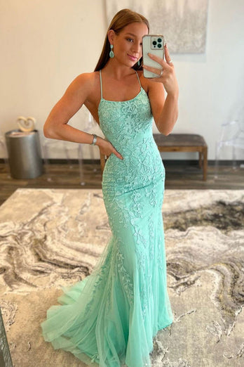 Fuchsia Mermaid Spaghetti Straps Appliques Prom Dress
