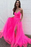 Load image into Gallery viewer, Hot Pink A-Line Tulle Long Prom Dress with Pockets