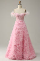 Load image into Gallery viewer, A Line Off the Shoulder Pink Corset Prom Dress with Ruffled Feathers