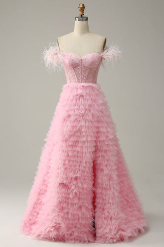 A Line Off the Shoulder Pink Corset Prom Dress with Ruffled Feathers