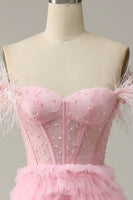 Load image into Gallery viewer, A Line Off the Shoulder Pink Corset Prom Dress with Ruffled Feathers