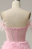 Load image into Gallery viewer, A Line Off the Shoulder Pink Corset Prom Dress with Ruffled Feathers